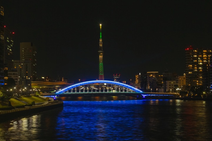 Blue-lit Eitai Bridge over the Sumida River with Tokyo Skytree glowing behind at night
