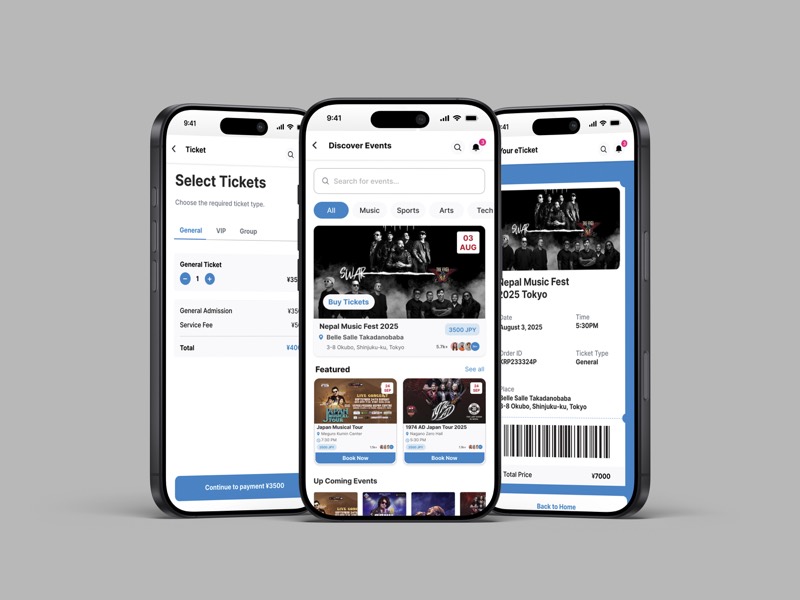 Event ticketing mobile app UI on three phones: event discovery, ticket selection and e-ticket screens