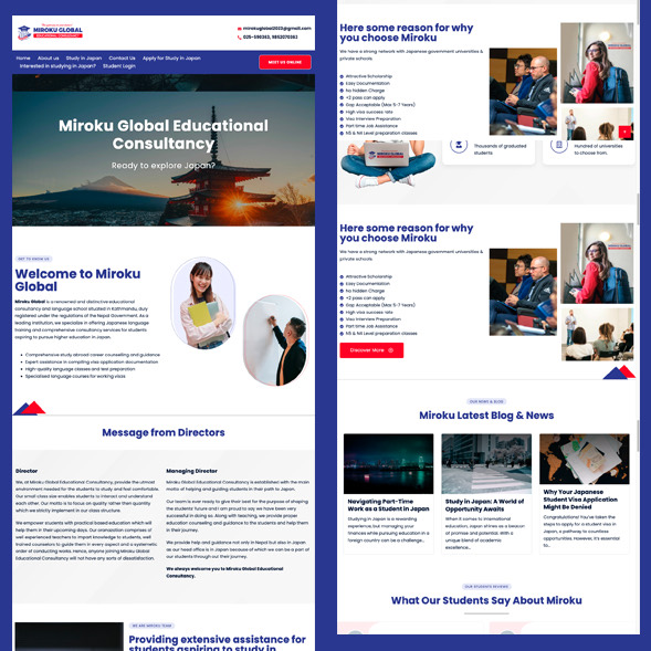 Miroku Global Educational Consultancy website design with hero banner of Mount Fuji, director messages, blog and student reviews