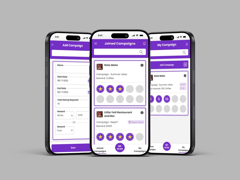 Stamp Card Loyalty App UI on three phones: Add Campaign form, Joined Campaigns with star stamps, and My Campaigns for shop owners