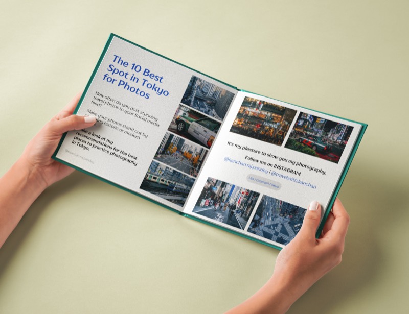 Open photo book spread titled The 10 Best Spots in Tokyo for Photos, filled with Tokyo street photography